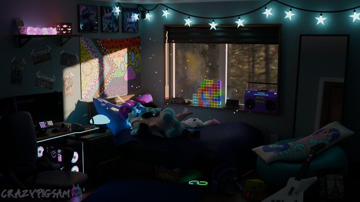 CrazyPigSam's tweet photo. Its Been 4-5 Years Since Ive Been Doing Blender Renders and Even Learning New Techniques Of Improving My Renders! So I Wanted To Make A Full Render Of My OC Petal Heart In A Cozy Room With All The Things I Love and Got IRL The Past Years #Blender3D #3DRender #SFW #CozyRoom https://t.co/FC8gicw6J6
