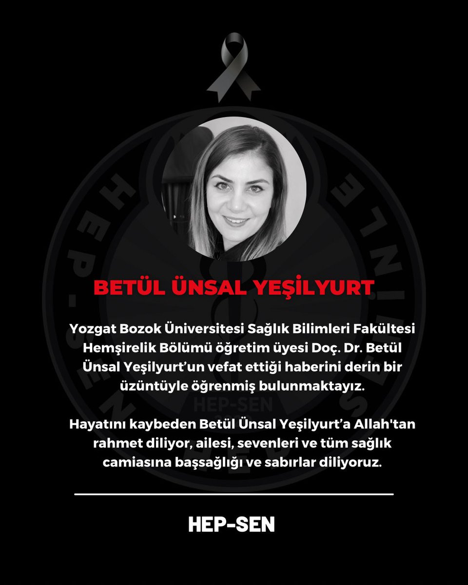 hepsen_2020's tweet photo. Yozgat Bozok Üniversitesi Sağlık Bilimleri FakültesiHemşirelik Bölümü öğretim üyesi Doç. Dr. Betül ÜnsalYeşilyurt’un vefat ettiği haberini derin bir üzüntüyle öğrenmiş bulunmaktayız.

Hayatını kaybeden Betül Ünsal Yeşilyurt’a Allah'tan rahmet diliyor, ailesi, sevenleri ve tüm sağlık camiasına başsağlığı ve sabırlar diliyoruz.

HEP-SEN

#BetülÜnsalYeşilyurt 

@UniBozok