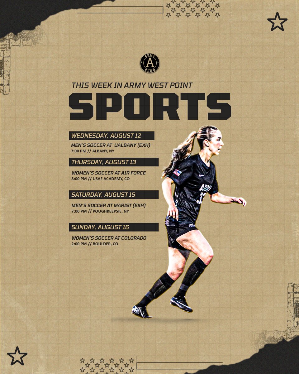ArmyAClub's tweet photo. The Army athletic season is HERE ⚔️

⭐Women's soccer kicks off the season with a silver star match against Air Force!
⚽Men's soccer preps for the season with two exhibition matches!

#GoArmy | #BeatEveryone | #DutyHonorCountry https://t.co/s6f0bd05M5