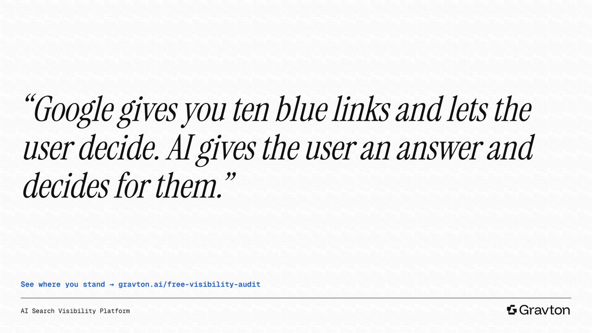 GravtonLabs's tweet photo. We keep getting asked, "Is AI search really that different from Google search?"

Google gives you ten blue links and lets the user decide. AI gives the user an answer and decides for them.

Book a free audit and see where you stand: https://t.co/Iiror3uyfK

#AIsearch #SEO #GEO https://t.co/ktGNXmHu3Z