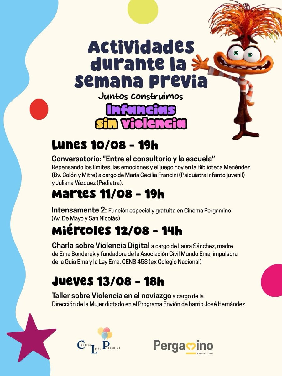 MuniPergamino's tweet photo. 🎈 En la previa del Día del Niño, compartimos una semana de actividades para reflexionar y aprender, poniendo en el centro el cuidado y el bienestar de nuestras infancias. 💛

Charlas, cine, talleres y propuestas para toda la comunidad que culminarán con un gran festejo https://t.co/T1RDBzVLup