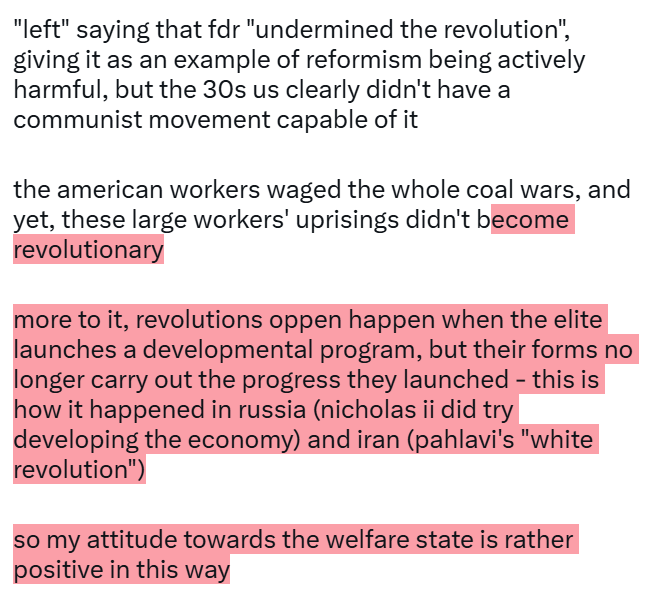 sipo6061's tweet photo. "left" saying that fdr "undermined the revolution", giving it as an example of reformism being actively harmful, but the 30s us clearly didn't have a communist movement capable of it

the american workers waged the whole coal wars, and yet, these large workers' uprisings didn't-- https://t.co/D9Bb8eNy9v