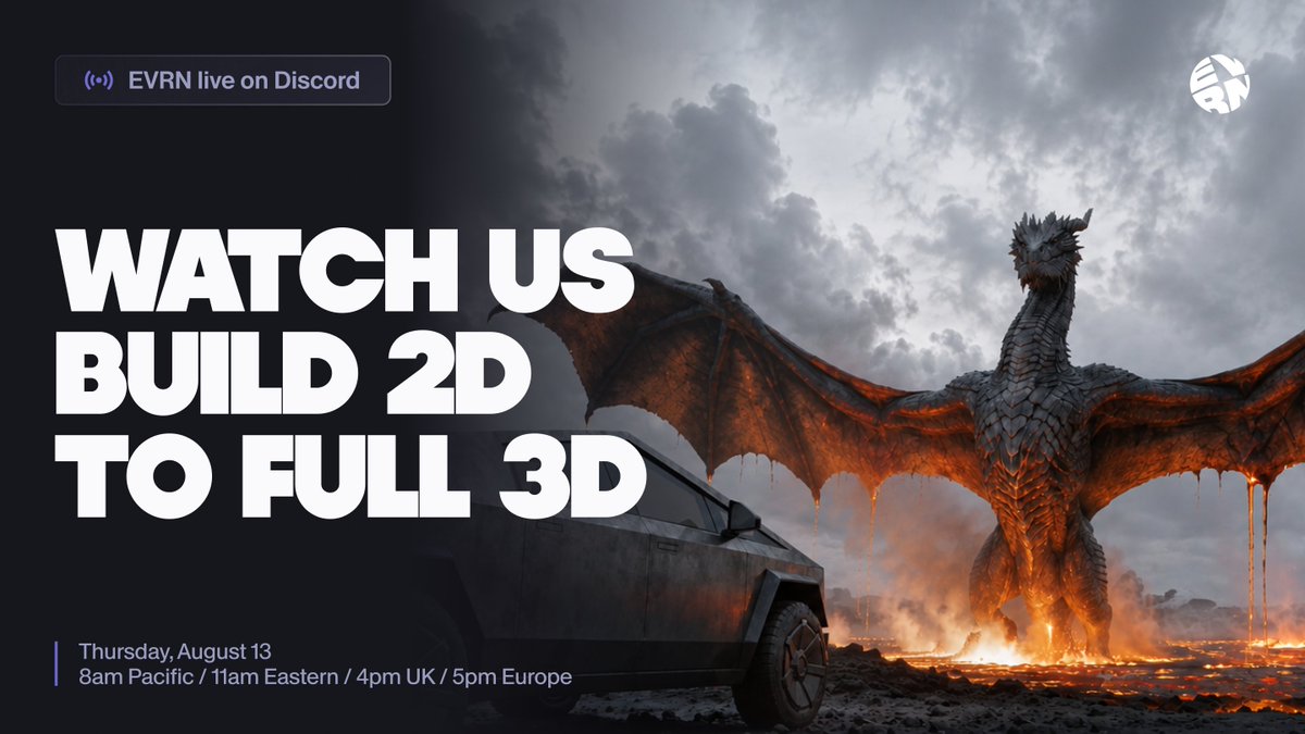 evrn_world's tweet photo. LIVE EVRN 2D TO FULL 3D / Send us your 2D images. We will select one and turn it into a full 3D scene with unlimited camera angles and feature it in our EVRN demo this Thursday the 13th, at 8am pacific on Discord.

https://t.co/mvtHnvdhKN https://t.co/l5pAydSyAL