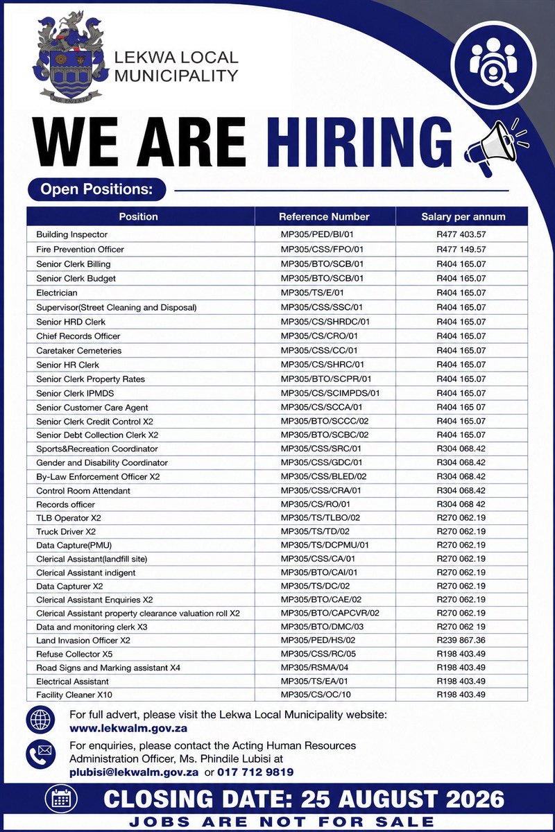 LekwaLocal's tweet photo. For full adverts, visit the Lekwa Local Municipality website:  https://t.co/D28V2JnYkx 

For enquiries, contact Acting Human Resources Administration Officer, Ms Phindile Lubisi at plubisi@lekwalm.gov.za or 017 712 9819. https://t.co/QVBxe4CEXW