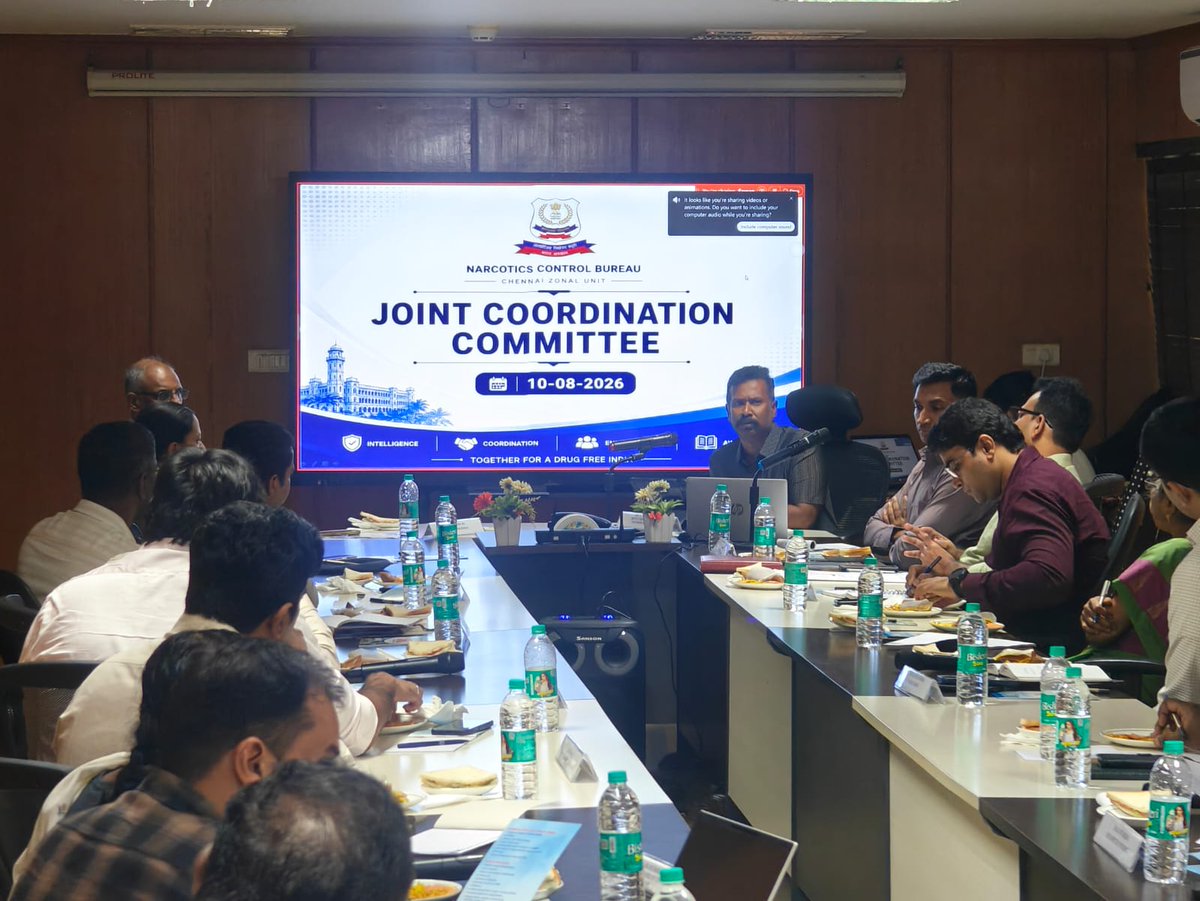 narcoticsbureau's tweet photo. 🤝 The 2nd Joint Coordination Committee (JCC) Meeting of 2026 for state of Tamil Nadu was held under the chairmanship of Shri R. Sudhakar, IPS, Deputy Director General, Southern Region, NCB, with senior officers from Tamil Nadu Police, SIB, RPF, DRI, NIA, Coast Guard, Customs and Drug Controller/FDA.

🔷 Discussions focused on strengthening inter-agency coordination through intelligence sharing, joint enforcement efforts, financial investigations (FI), action under PITNDPS, tracing fugitives, and addressing emerging drug trafficking trends, including trafficking routes to Malaysia.

🔷 NCB presented the Vision Document, while DRI, Chennai Customs AIU and Trichy Customs shared details of important cases registered during 2026. JD, SIB also briefed the participants on the extradition of fugitives and action against foreign nationals under the Vision Document and the Immigration and Foreigners Act, 2025.

🔷 All participating agencies reaffirmed their commitment to stronger coordination, intelligence sharing and collaborative enforcement efforts to effectively combat drug trafficking in the Southern Region.

#NCB #NarcoticsControlBureau #SayNoToDrugs #ZeroTolerance #JCCMeeting

@HMOIndia @dg_ncb @PIB_India @NIA_India @cbic_india @RPF_INDIA @MSJEGOI @ncbchennai