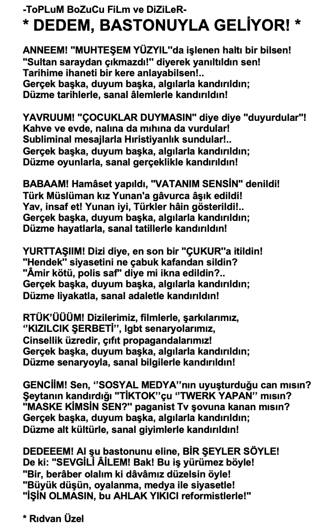 rdvnuzel's tweet photo. @birsenaltuntas1 * #KızılcıkŞerbeti 'nin içi senaristi, dışı milletin ahlakî değerlerini yakar! Daha bunun gibi diziler, bizi ailecek, dış ülke satışlarında ülkemizi karakterce yıkar!
* Al eline bastonu DEDEMM, bas sopayı!..
* @birsenaltuntas1 #Dedem
... https://t.co/h0zFVryXtd