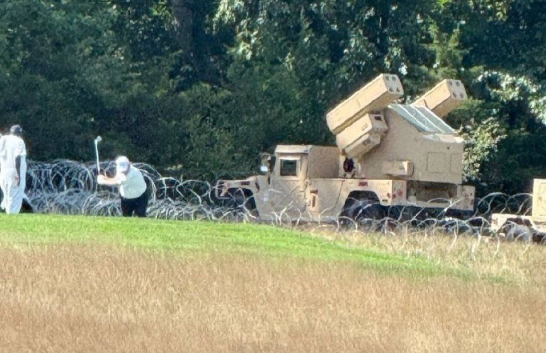 TheMaineWonk's tweet photo. Trump so paranoid over the world’s hatred of him, he was golfing in Bedminster with a surface-to-air missile system escort.

Obviously, he’s very close to a Deal. https://t.co/PoZgCSy8JF