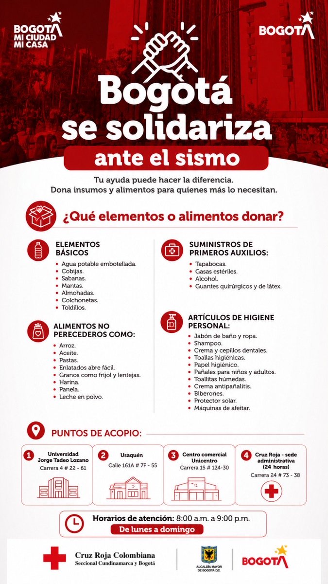 MSilvaMoyano's tweet photo. ATENCIÓN: Luego de evaluar con la Cruz Roja estos son los puntos de acopio de la Alcaldía de @Bogota. https://t.co/sAfbtJzOTZ