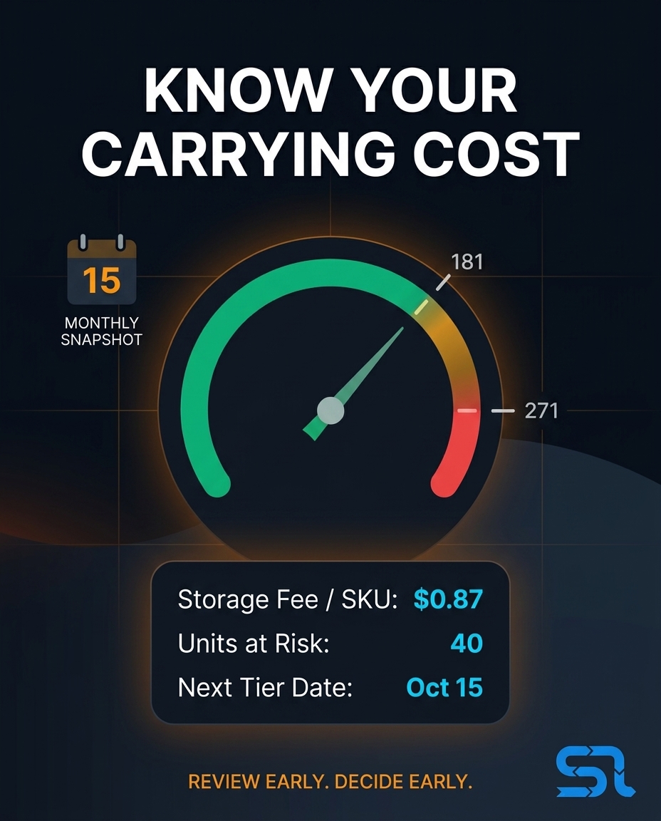SellerLegend's tweet photo. Storage is rent, and rent is a number you can manage.

#FBA inventory age: snapshot on the 15th, surcharge from day 181, higher tier at day 271. Known dates, known thresholds

SellerLegend projects your exposure at the next snapshot: units at risk, cost, and each SKU's tier date https://t.co/uKEyh0Sqo4