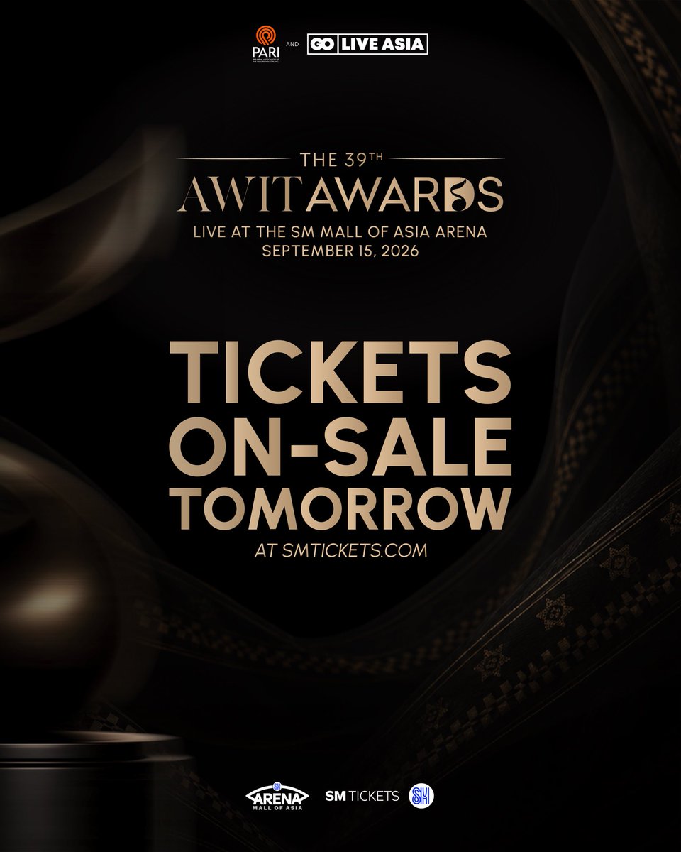 AwitAwards's tweet photo. Tickets officially go on sale tomorrow, August 12 at 3 PM via SM Tickets online and select SM Tickets outlets nationwide.

Be there as Filipino music’s biggest names, this year’s nominees, and the people behind the music come together for a night celebrating the best of OPM.

1/3 https://t.co/mj75MjMSyL