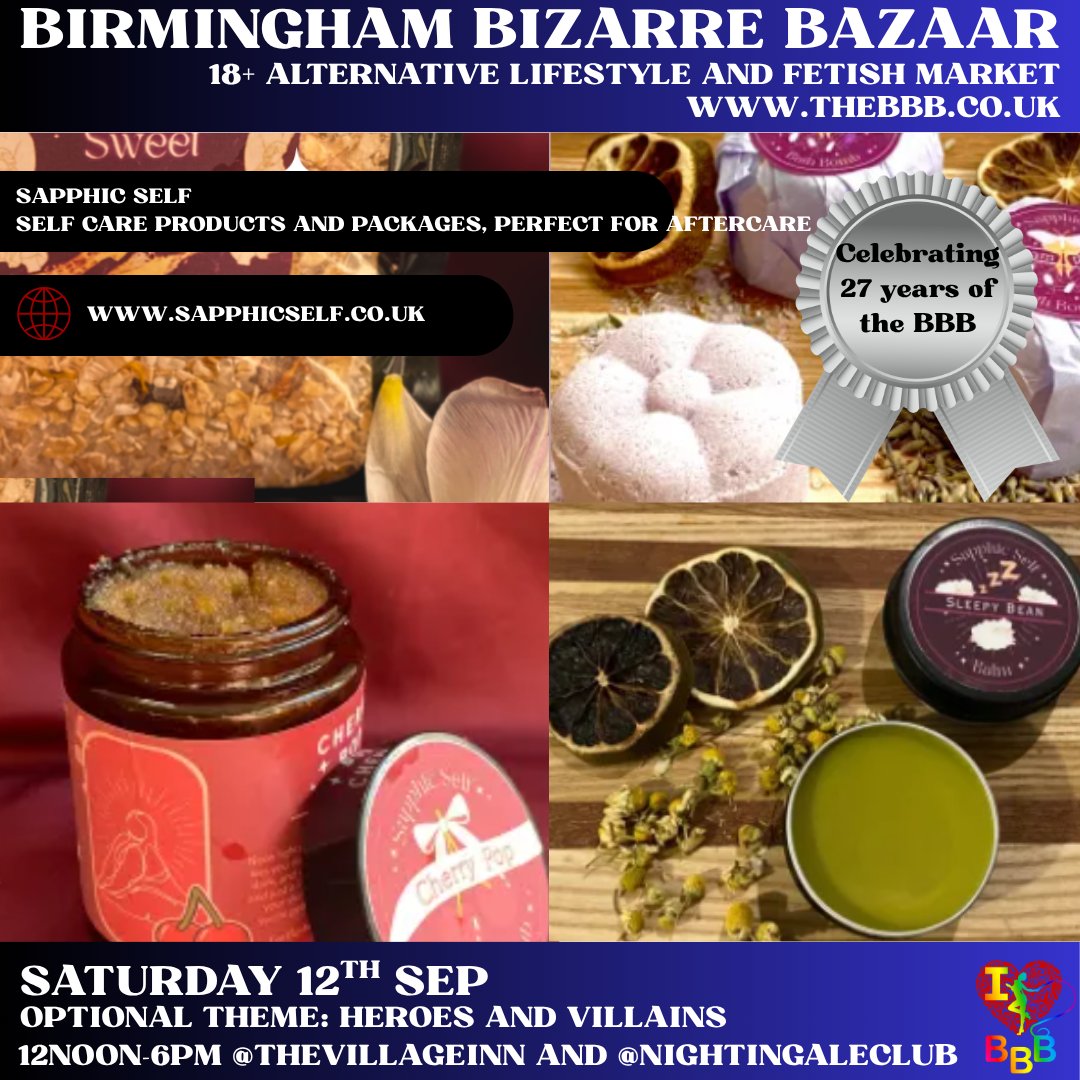 BBBAltFetBazaar's tweet photo. 🖤 September's BBB celebrates 27 YEARS of Birmingham Bizarre Bazaar! Featuring SapphicSelf
Heroes &amp; Villains • 18+ Fetish &amp; Alternative Market
🗓 Sat 12 Sept | 12–6PM
📍 Village Inn &amp; Nightingale Club, Birmingham
https://t.co/LV63CY9S8z
#BBB27  #AltBrum #BrumEvents https://t.co/w0k8bafICX