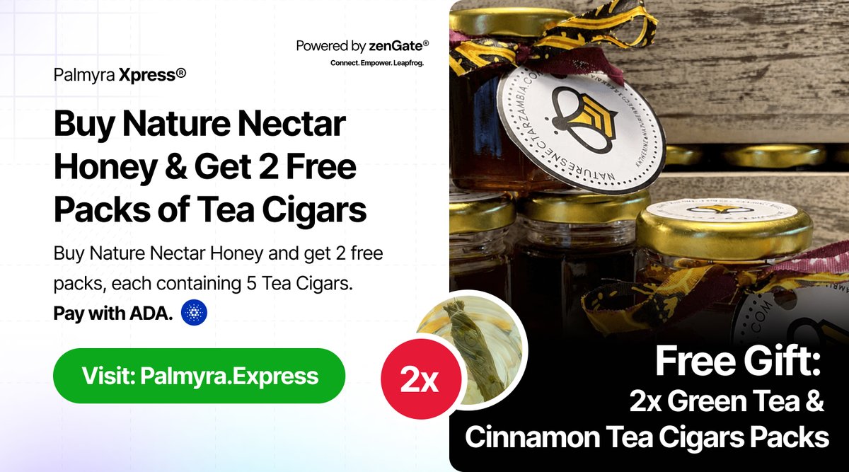 palmeconomy's tweet photo. A sweet deal just got better!

Buy Nature Nectar Honey and get 2 FREE packs of Green Tea & Cinnamon Tea Cigars - 10 Tea Cigars in total!

Pay with $ADA. Link in the Description.
