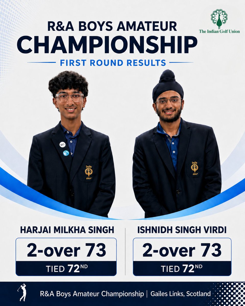 IndianGolfUnion's tweet photo. First-round update from the R&amp;A Amateur Championships in Scotland ⛳🇮🇳

India’s young golfers began their campaigns with determined performances across the Boys’ and Girls’ Amateur Championships. Swipe through the carousel for the opening-round results:
(1/2) https://t.co/CuhCtUL3FP