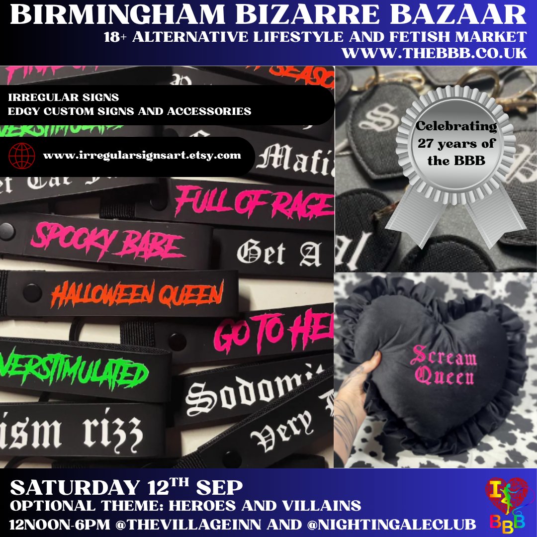 BBBAltFetBazaar's tweet photo. 🖤 September's BBB celebrates 27 YEARS of Birmingham Bizarre Bazaar! Featuring Irregular Signs
Heroes &amp; Villains • 18+ Fetish &amp; Alternative Market
🗓 Sat 12 Sept | 12–6PM
📍 Village Inn &amp; Nightingale Club, Birmingham
https://t.co/LV63CY9S8z
#BBB27  #AltBrum #BrumEvents https://t.co/hN60MrtUz0