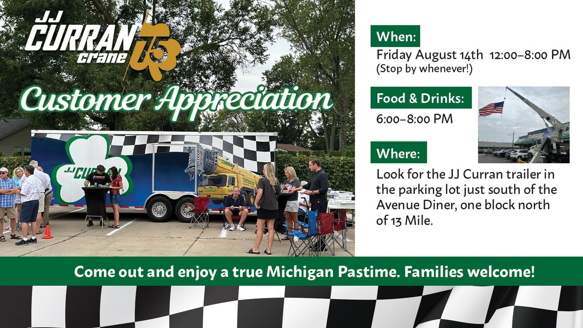 jjcurrancrane's tweet photo. See you on Woodward tomorrow! 🏁

Join the JJ Curran team for our Dream Cruise Customer Appreciation Open House. Stop by, catch some of the action and enjoy pizza and drinks with us in the evening.

Hope to see you there!

#jjcurrancrane #WoodwardDreamCruise https://t.co/8KZXNTyhjR