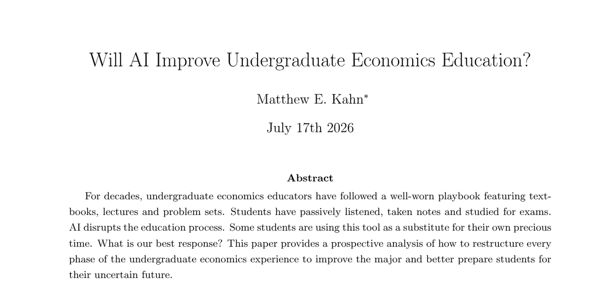 mattkahn1966's tweet photo. @ben_golub I agree with Ben and this is why I wrote and continue to edit my optimistic paper.  I discuss how proactive economics departments could incorporate AI into every phase of our educational process.  Will the Deans reward us for such innovation?
https://t.co/HdTj2C5Zh3 https://t.co/eXOUR4gPIA