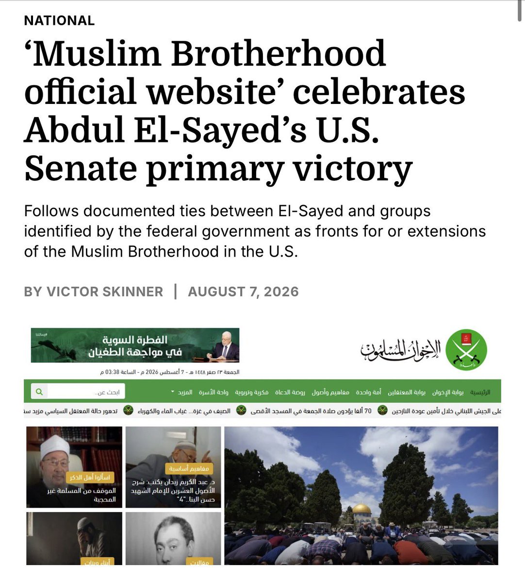 DanBurmawy's tweet photo. Do you remember last election, when the same newspaper in Michigan published “historic election” in English, and “electoral conquest” in Arabic, using the word “futuhat,” a term that refers exclusively to Islamic conquests of other lands?

Now the Muslim Brotherhood celebrates the Michigan conquest in Arabic, while al-Sayyid, like Mamdani, will smile and convince you he’s running on a healthcare platform, when in reality he’s running on the same Muslim Brotherhood agenda.