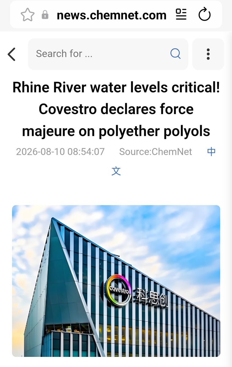 BulayEvren's tweet photo. Rhine River water levels critical! Covestro declares force majeure on polyether polyols. #chemnet #covestro #polyol https://t.co/bz4xfDpsx4