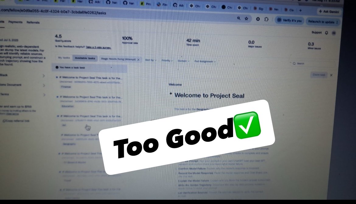 WayneBliss01's tweet photo. Seal Quality tasking resides here 

⭐ 4.5 Quality Score

✅ 100% Approval Rate

📌 8 Approved | 4 In Audit

It’s not about how far you go. It’s about how well you do it. https://t.co/zJgzLoj7Vx