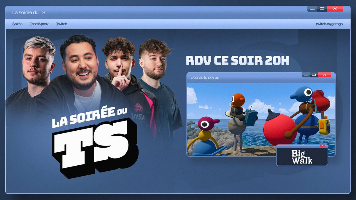 GotagaTV's tweet photo. Un jeu coopératif, d’énigmes, basé sur la communication ? Sortez le popcorn 🍿

Rendez-vous ce soir avec la pire team du TS sur Big Walk ! https://t.co/XnrwT6Wvoj