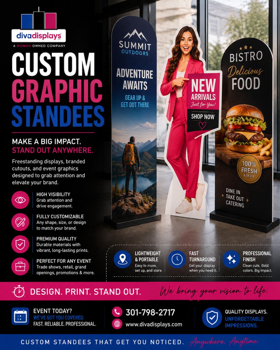 Divadisplaysinc's tweet photo. Stand out where it matters. Custom graphic standees from Diva Displays turn your brand, promotion, or event into an eye-catching display that gets noticed.

Perfect for retail, events, grand openings, trade shows, and more.

📞 301-798-2717
🌐 https://t.co/vesyyabvSC https://t.co/qdO4B1C2ut