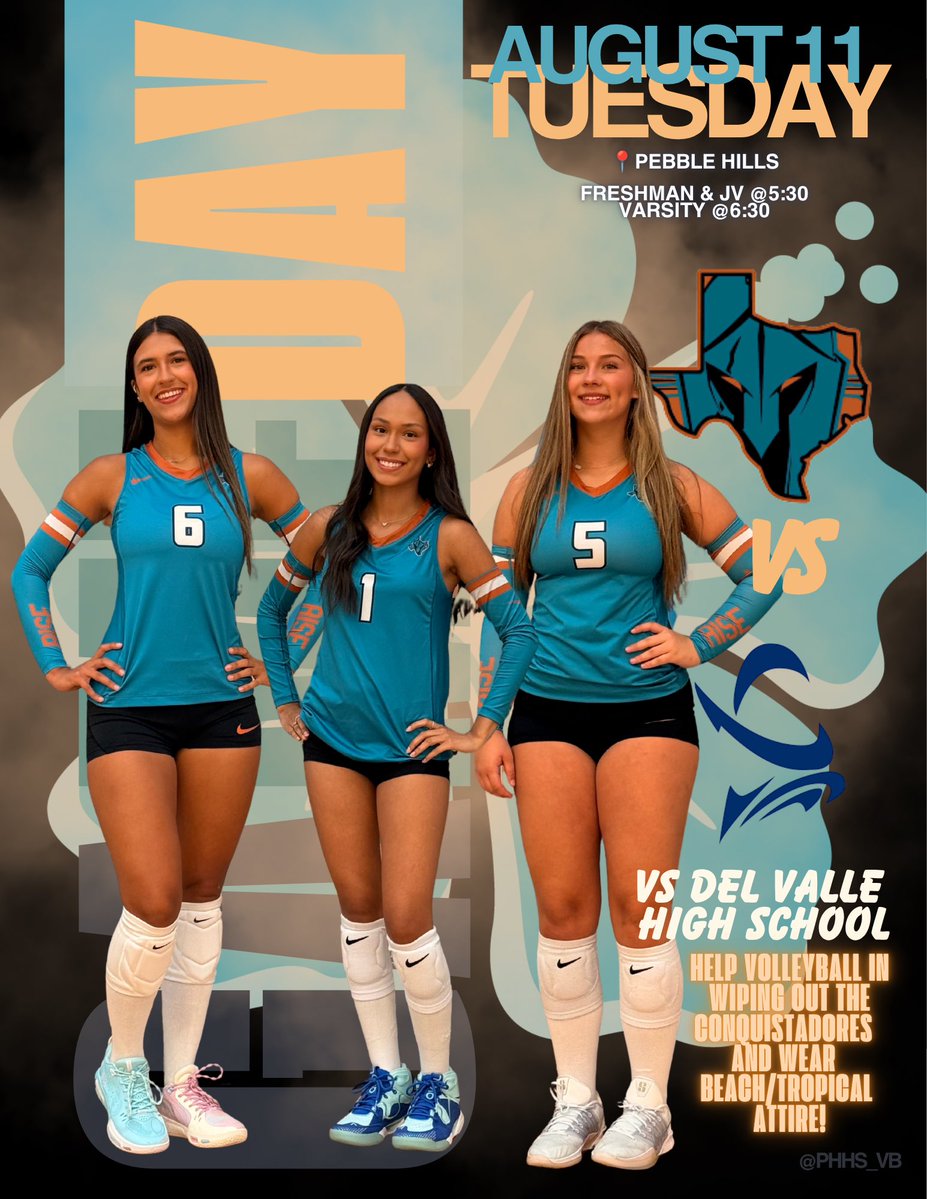 PHHS_VB's tweet photo. 🧡🩵🏐SPARTAN NATION🏐🩵🧡

‼️ITS GAME DAY‼️

🔥Pre-Season!!🔥

🆚 Del Valle HS
🗓️ Aug 11,2026
⏰JV/9th-5:30pm
⏰Varsity-6:30pm
📍Pebble Hills High School

🧡#RISE
🏐#ItTakesWhatItTakes
🧡#TheHillsVolleyball

@PHills_HS https://t.co/UJMcPGxEQt