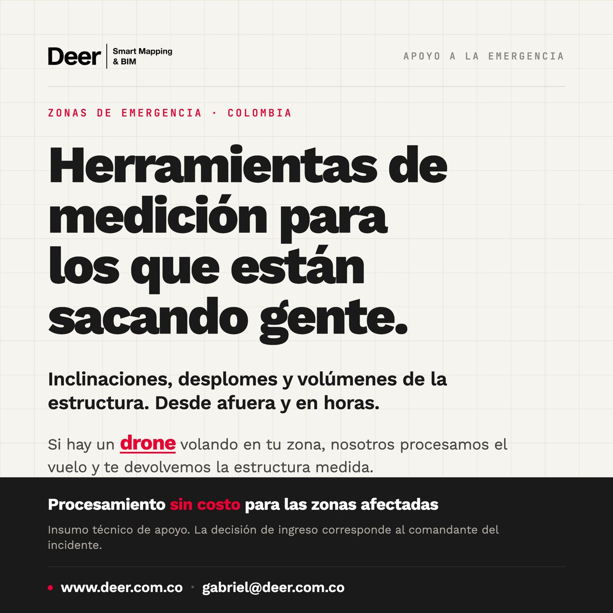 GabrielOlier's tweet photo. Herramientas de medición para los que están sacando gente.

Ofrecemos gratis nuestra capacidad de procesamiento a los equipos que trabajan en las zonas de emergencia. 

Si hay un drone volando en tu zona de operación, mándanos las fotos del vuelo: procesamos y te devolvemos la estructura medida —inclinaciones, desplomes y volúmenes—, desde afuera y en horas.

Sin costo, sin condiciones. 

Abro hilo con qué entregamos exactamente.

Agradezco el RT: esto sirve solo si le llega a quien está en la operación. 🧵