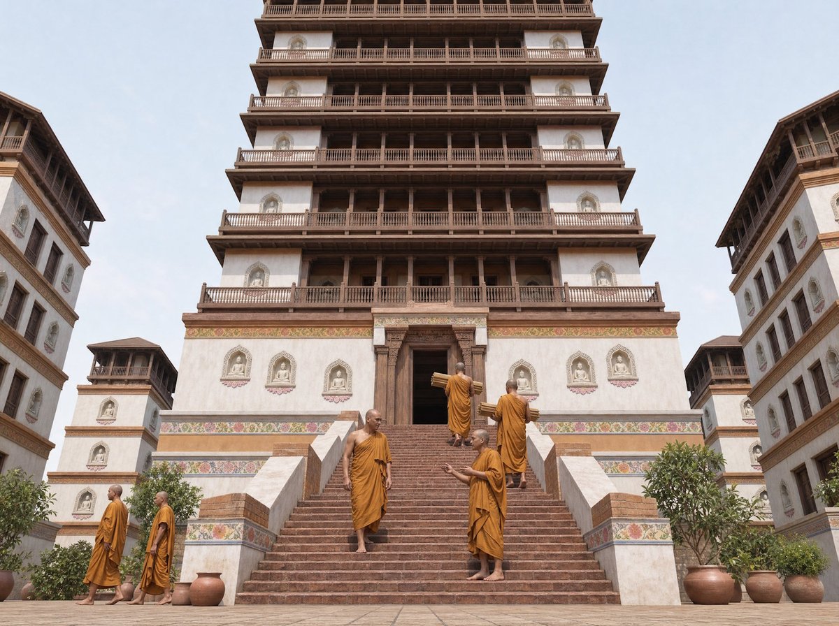 MayaOfTime's tweet photo. @BihariMan1 Love this. The old Nalanda library was called Dharmaganja, the Mountain of Truth, said to be so vast that when it burned the smoke hung over the valley for days. Good to see books rising on that soil again 🙂

(Photo: How the old Nalanda library might have looked like) https://t.co/0hcNIdfU5x