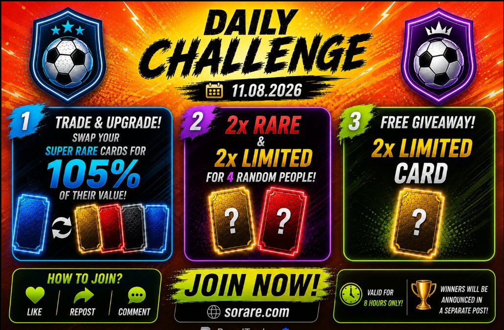 PawelTrader_'s tweet photo. 🚨 DAILY CHALLENGE IS LIVE! 🚨

Ready to upgrade your Sorare collection? ⚽🔥

Today's challenge is here:
🔹 Trade your Super Rare cards for 105% of their value.
🎁 4 winners will receive 2x Rare + 2x Limited cards.
🆓 2x Limited cards for FREE!
How to enter:
❤️ Like this post
🔄 Repost
💬 Leave a comment
⏰ The giveaway is open for 8 hours only!

Good luck to everyone! 🍀

#Sorare #SorareMLB #SorareNBA
#FantasyFootball #NFT #Giveaway
#Web3 #Football #DailyChallenge