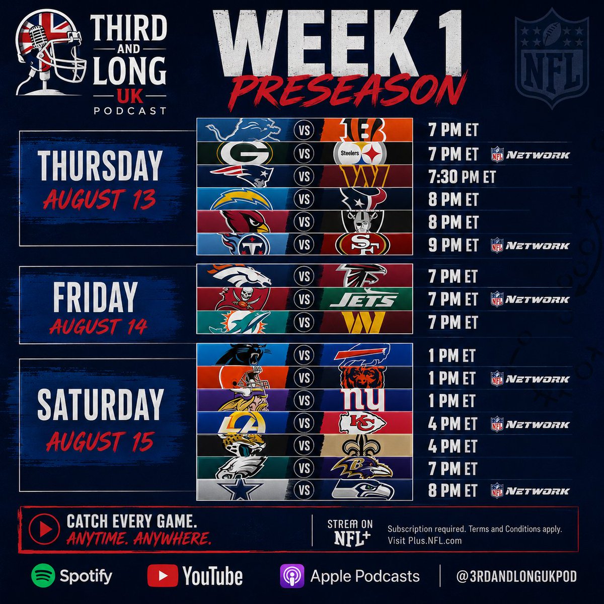 3rdandlongukpod's tweet photo. π NFL PRESEASON IS BACK! π₯
Week 1 is here as the road to the 2026 NFL season begins! Who are you watching? π
Rookies, new signings & roster battles β letβs get started!
π¬π§π #NFL #NFLUK #NFLPreseason #ThirdAndLongUK https://t.co/tu9kvqCWYm