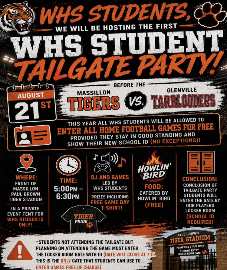 MassillonSchool's tweet photo. Attention WHS students!🐅

Kick off the first home football game with food, games, music and Tiger spirit at the first WHS Student Tailgate Party! 

📅Friday, August 21
⏰5–6:30 p.m.
📍Paul Brown Tiger Stadium

Remember to bring your school ID! https://t.co/tHY5rkO50W
