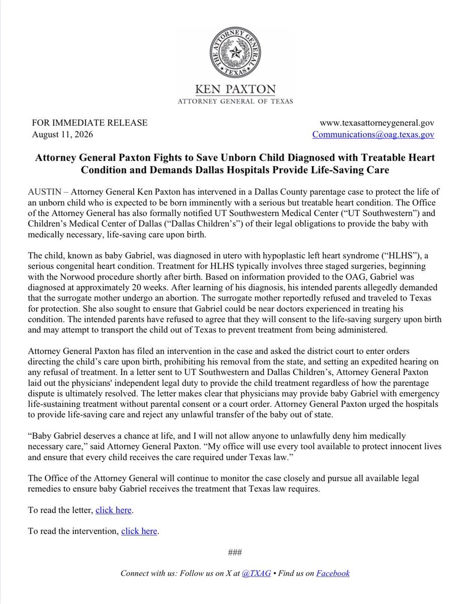 KenPaxtonTX's tweet photo. BREAKING: I am fighting to save an unborn child diagnosed with a treatable heart condition and am demanding that Dallas hospitals provide life-saving care. https://t.co/GWjEzRqYrk