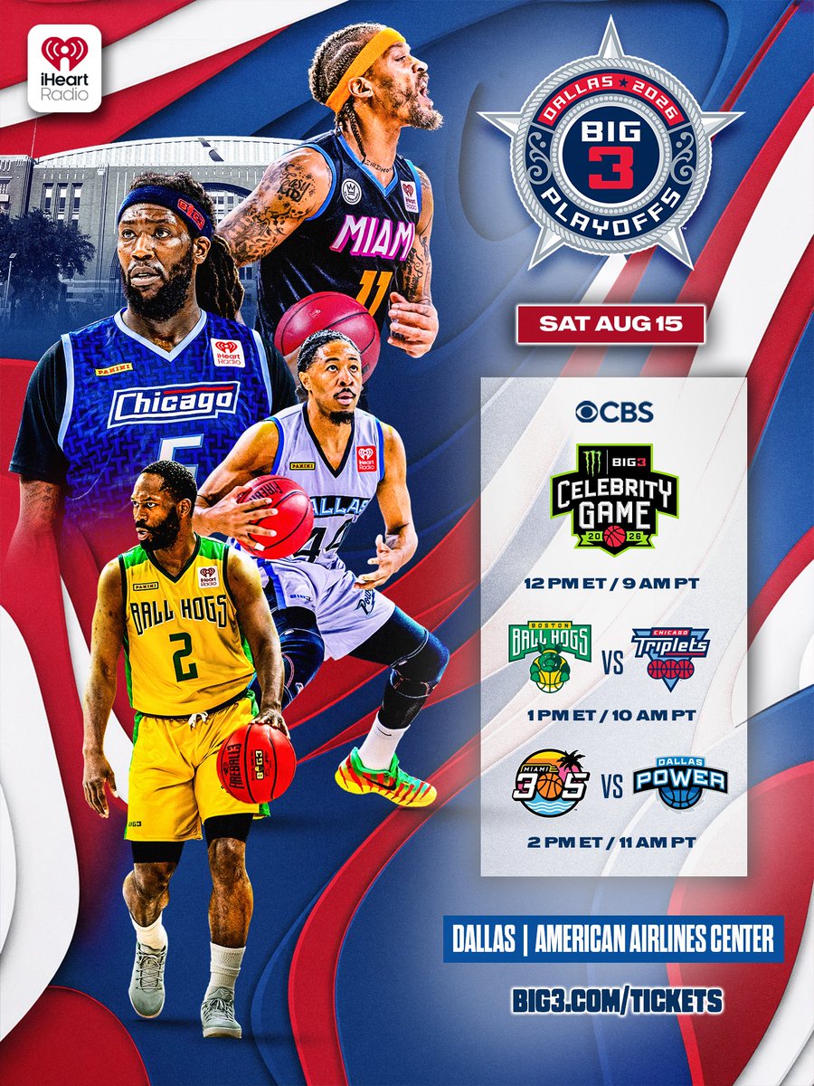 thebig3's tweet photo. Four teams left, two tickets to the championship. Ball Hogs vs Triplets. Miami vs the top seeded Power. One Saturday in Dallas decides who plays for it all.

Celebrity Game at 12 PM ET, playoffs to follow.
 Watch on @CBSSports https://t.co/ByB7B6CC1u
