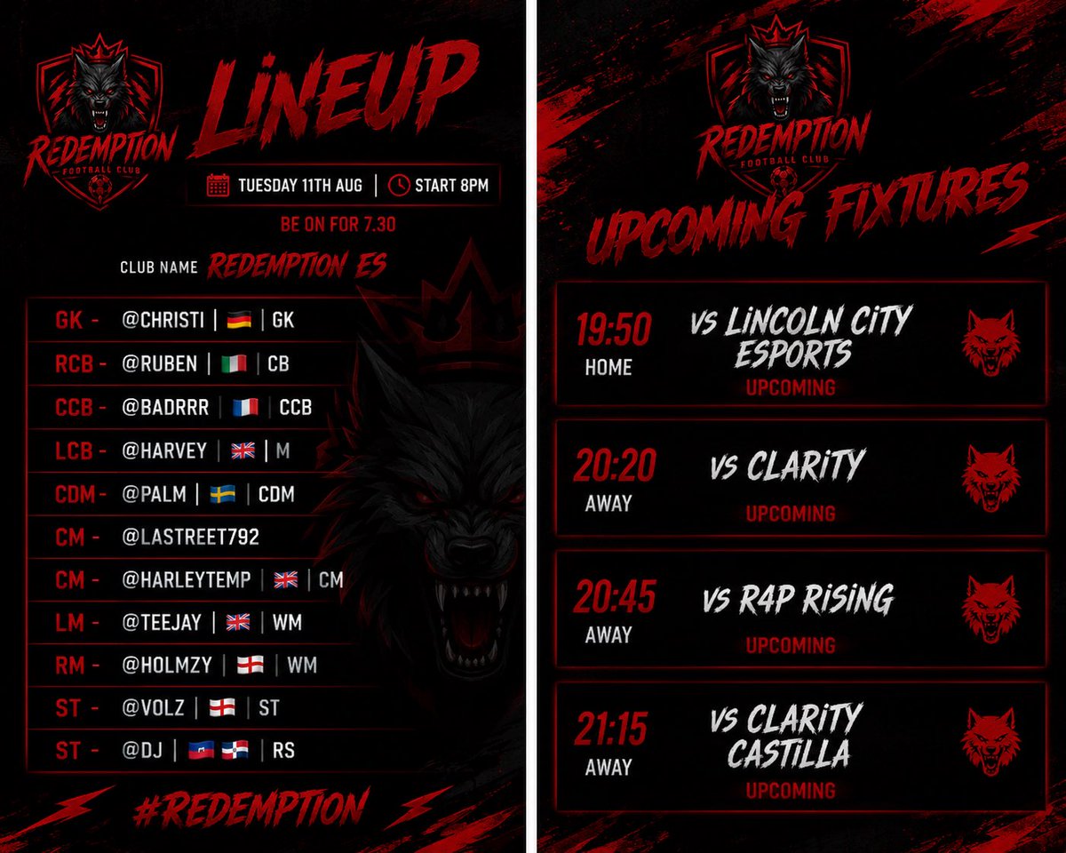 Harvey1580223's tweet photo. Lineup and fixtures tn @VPGRedemption_  tough yesterday but looking strong tn the squad hopefully getting 4 wins @OfficialVPG @VPGUK https://t.co/NH5pbwRrDP