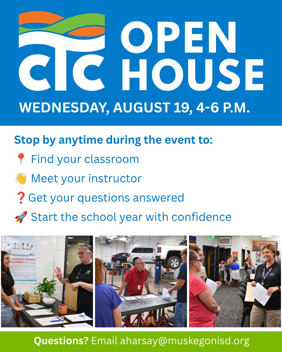 muskegonctc's tweet photo. ๐ฃ CTC students: Your school year starts here! Join us for Student Orientation on Aug. 19 | 4โ6 PM. โ
Meet your instructor โ
Find your classroom โ
Get your questions answered We'll see you on the 19th! ๐๐๐งก #FutureFocused #CTC https://t.co/i6WRTCulC2