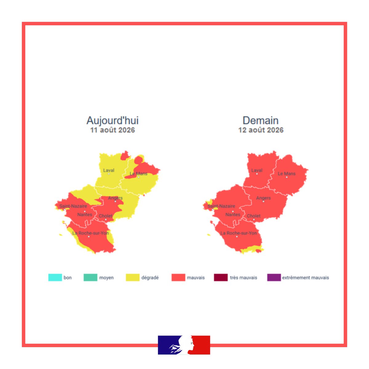 Image de Préfète de la Mayenne - #VigilanceOrange #Canicule 🟠 

L’indice de la qualité de l’air sera mauvais 🔴 demain sur la totali