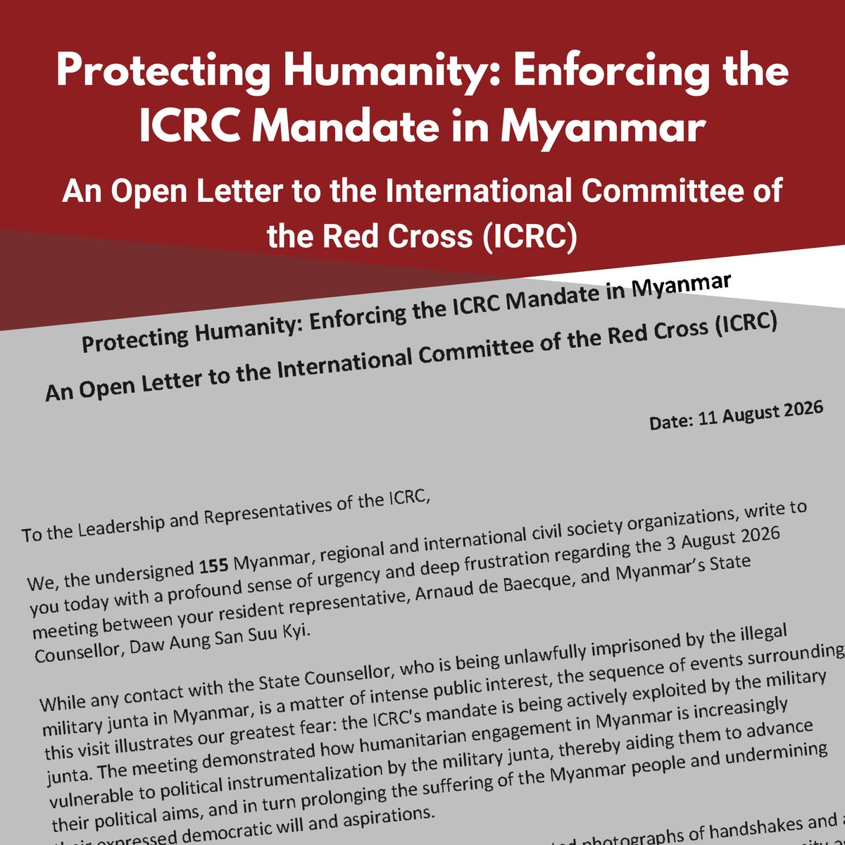 PVamplify's tweet photo. 🚨Today, 155 CSOs demand the @ICRC not to let illegal #Myanmar junta exploit its humanitarian mandate for political propaganda.

#ICRC must demand unimpeded access to political prisoners &amp; speak out when private dialogue fails.

Humanity must come first.
https://t.co/JaM65pvnwg https://t.co/tWNRbynUCJ