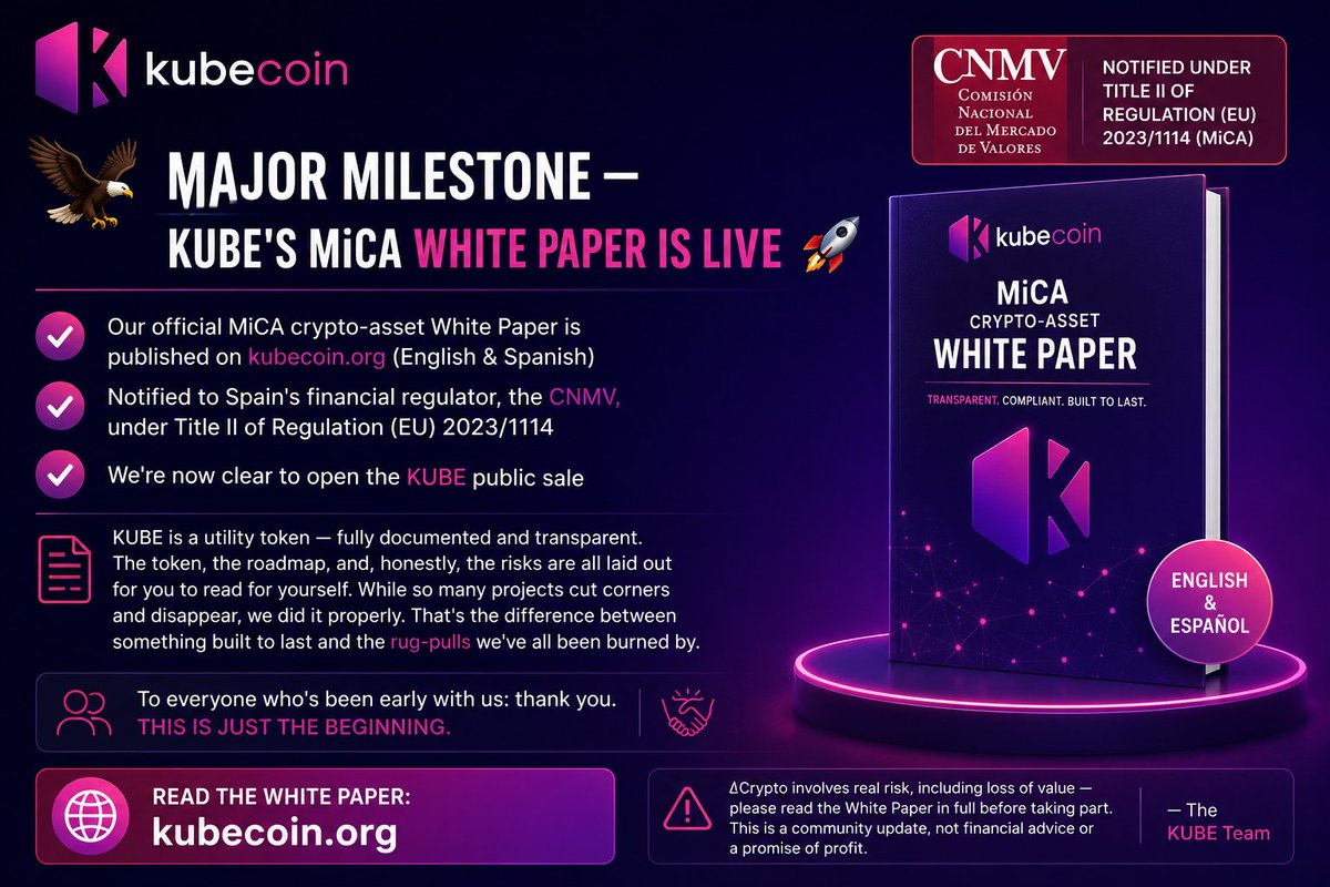 Kubecoin_'s tweet photo. The wait is over.

✅ Kube Hub is coming
✅ Our White Paper is available in English & Spanish
✅ We've completed the MiCA process and notified Spain's financial regulator (CNMV)

Now it's your turn.
Get $KUBE, earn your Hawk Badge, and unlock real travel rewards and exclusive community benefits.

This is a new beginning.
👉 https://t.co/YzUqHb1MUy