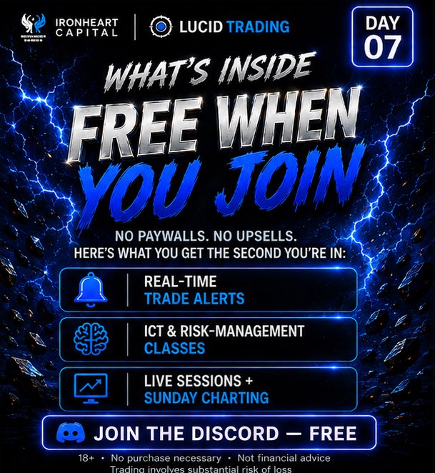 Ironheart_Cap's tweet photo. What you get the second you join our Discord (for $0):

Real-time trade alerts

ICT + risk-management classes
Live sessions & Sunday charting
7 analysts on the desk

A daily shot at a $50k eval account this week

No paywalls. No upsells. Ever.

To enter for today’s 50k flex account give away:

1. Follow @Ironheart_Cap
2. Repost this post
3. Join the Discord (link in bio)
4. Reply in the comments below: Your discord name & what's the first thing you'd do with a $50k

Good luck! And see you in the discord!

link in bio #futures #optionstrading #ICT #propfirm