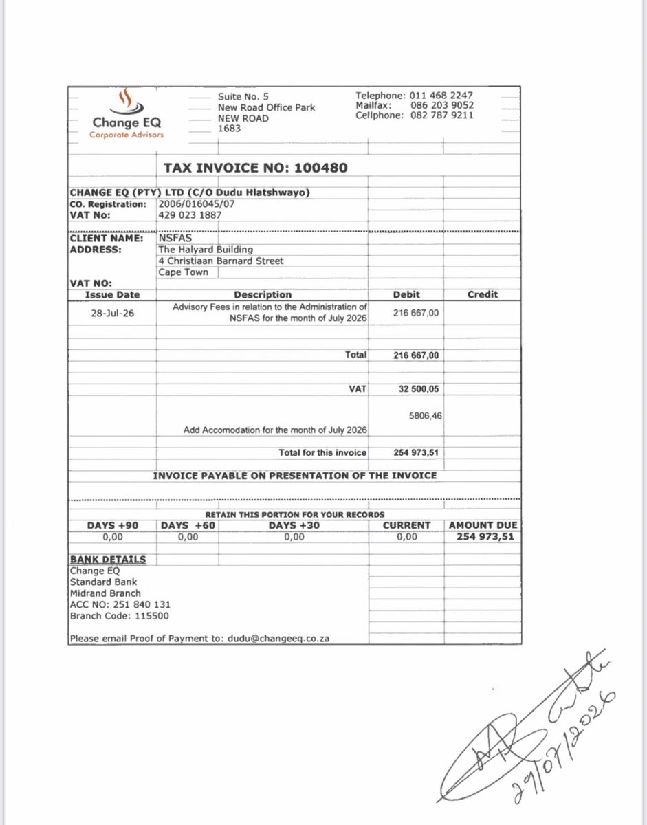 SihleLonzi's tweet photo. In anticipation of tomorrow’s meeting with NSFAS, we have written to demand an explanation for the legal basis for the remuneration of Advisors to the NSFAS Administrator.

Instead of being paid directly, private companies invoiced NSFAS for July (attached).

We were told that the NSFAS Administrator, Hlengani Mathebula, was brought in to restore good governance and ensure that public resources meant to support students are properly spent.

Instead of removing the wasteful middleman schemes at NSFAS, we are now seeing the introduction of even more third-party/middleman arrangements!

When we say there is enough money to fund ALL students in South Africa, we are not hallucinating. The day we put an end to the STEALING at NSFAS, will be the day students in South Africa experience true liberation.

Let’s meet tomorrow!