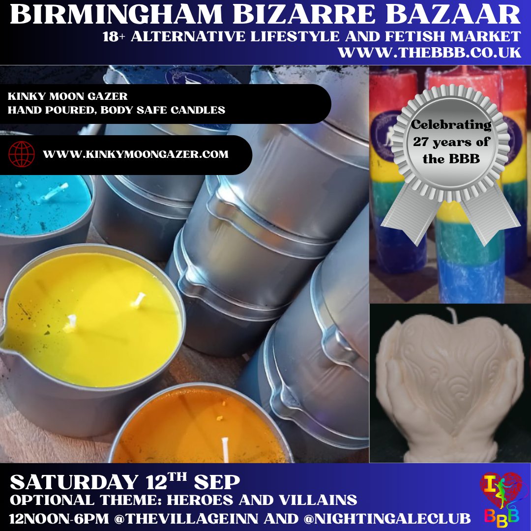 BBBAltFetBazaar's tweet photo. 🖤 September's BBB celebrates 27 YEARS of Birmingham Bizarre Bazaar! Featuring KinkyMoonGazer
Heroes &amp; Villains • 18+ Fetish &amp; Alternative Market
🗓 Sat 12 Sept | 12–6PM
📍 Village Inn &amp; Nightingale Club, Birmingham
https://t.co/LV63CYapY7
#BBB27  #AltBrum #BrumEvents https://t.co/PF2oQhrj4X