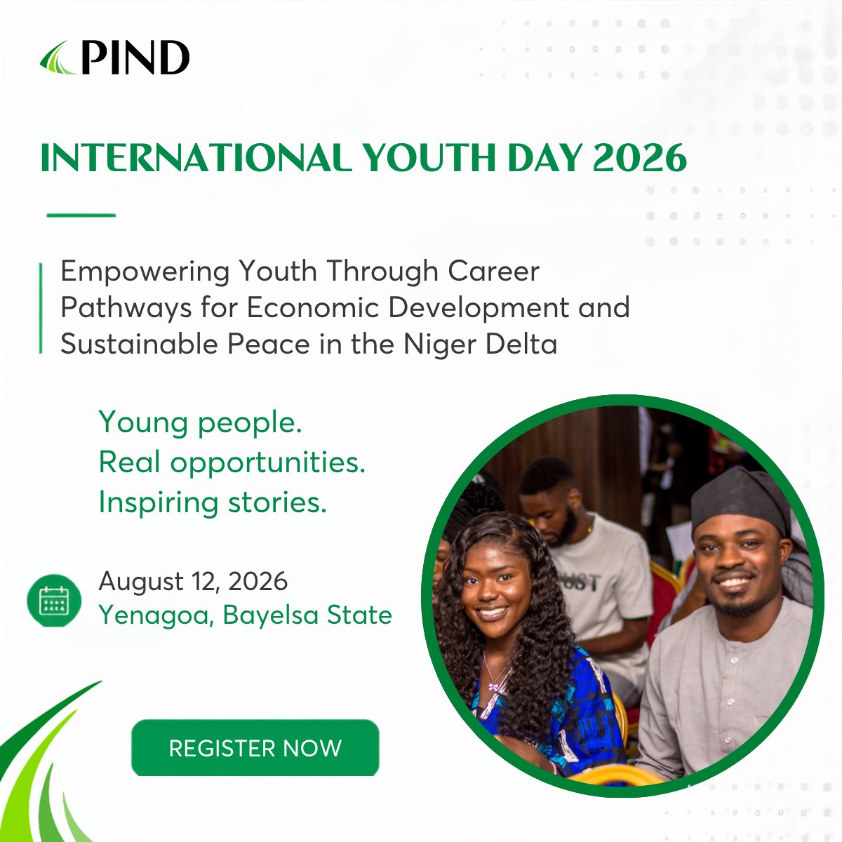 PINDFoundation's tweet photo. ⏳𝐓𝐨𝐦𝐨𝐫𝐫𝐨𝐰'𝐬 𝐭𝐡𝐞 𝐃𝐚𝐲!

Join hundreds of young people, employers, mentors and partners as we celebrate #InternationalYouthDay2026 and connect talent with opportunity.

📍 Yenagoa
🚀 From Learning to Earning starts here.

#PINDFoundation 
#YouthEmployment
#nigerdelta