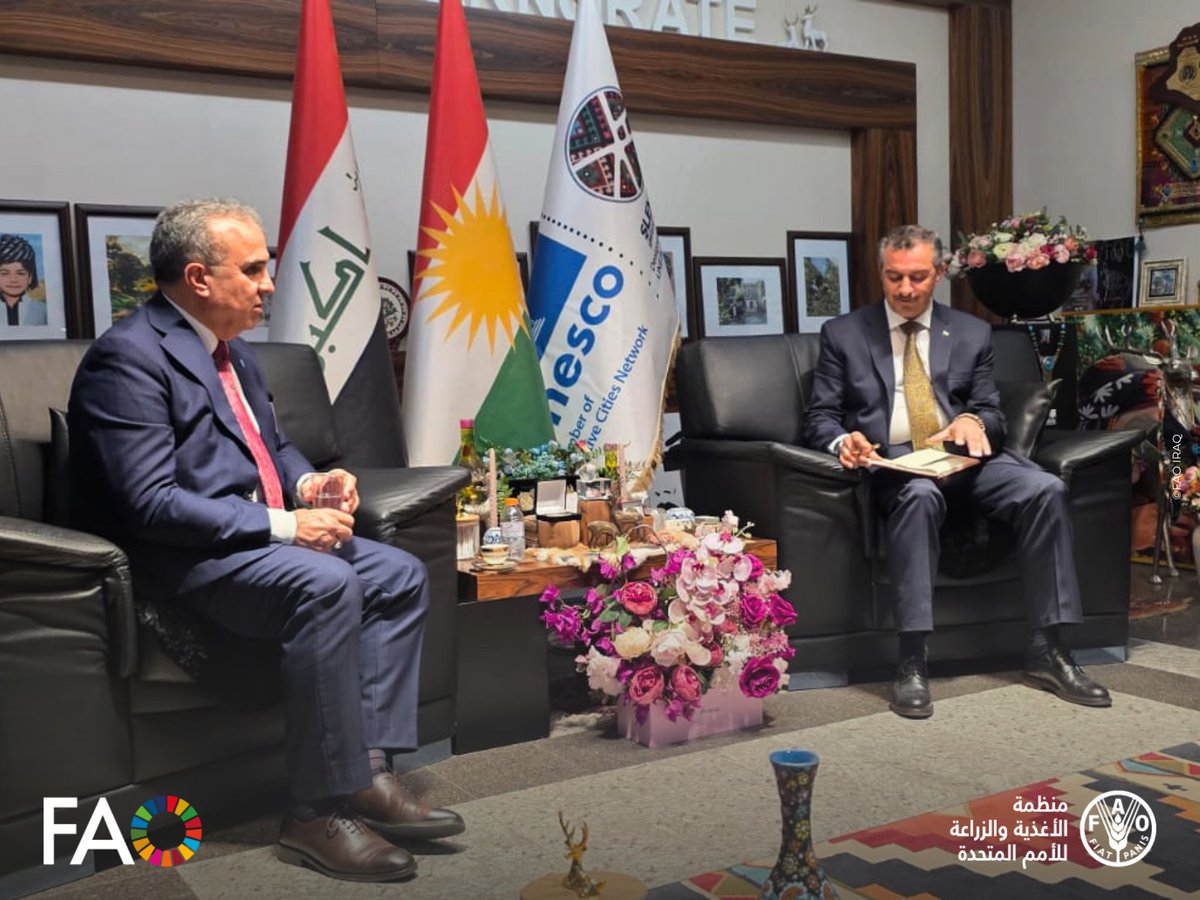 FAOIraq's tweet photo. التقى ممثل منظمة الأغذية والزراعة للأمم المتحدة (الفاو) في العراق @shajjhassan بمحافظ السليمانية، الدكتور هفال أبو بكر، لبحث مشاريع المنظمة الجارية والمنجزة في المحافظة، مثمناً الدعم المتواصل الذي تقدمه المحافظة والسلطات المحلية لعمل المنظمة. https://t.co/hAgqn8HZCV