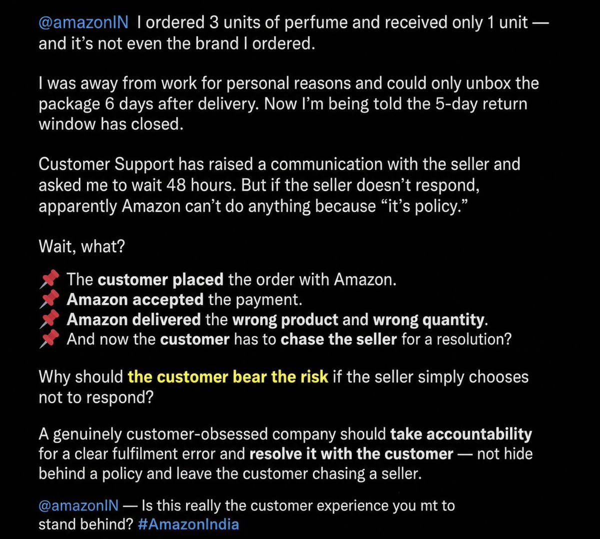 KaravTheMonk's tweet photo. @amazonIN - “Policy” is easy. Accountability is harder.

@amazonIN, when did protecting a seller become more important than protecting the customer? https://t.co/3MzTQr5zl4