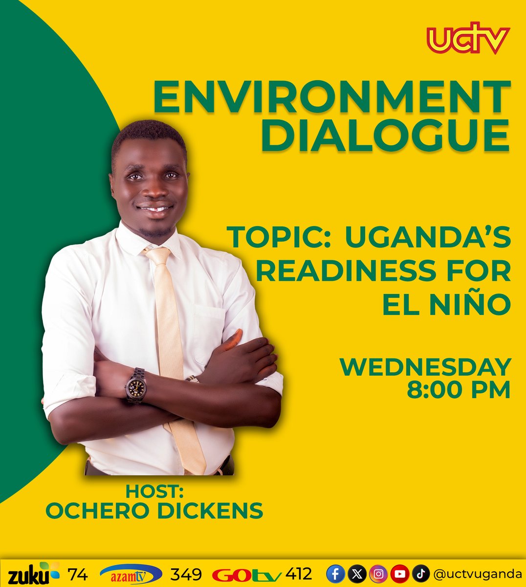 uctvuganda's tweet photo. Is Uganda ready for El Niño?
As climate risks threaten lives, livelihoods and communities, what can Uganda do to prepare and build resilience? Join UCTV #EnvironmentDialogue as we discuss “Uganda’s Readiness for El Niño: Protecting Lives & Livelihoods.”
Host: @DickensOchero https://t.co/36TyfBbsy2