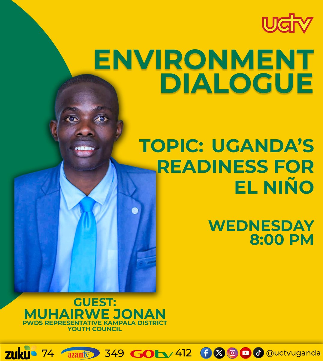 uctvuganda's tweet photo. Is Uganda ready for El Niño?
As climate risks threaten lives, livelihoods and communities, what can Uganda do to prepare and build resilience? Join UCTV #EnvironmentDialogue as we discuss “Uganda’s Readiness for El Niño: Protecting Lives & Livelihoods.”
Host: @DickensOchero https://t.co/36TyfBbsy2