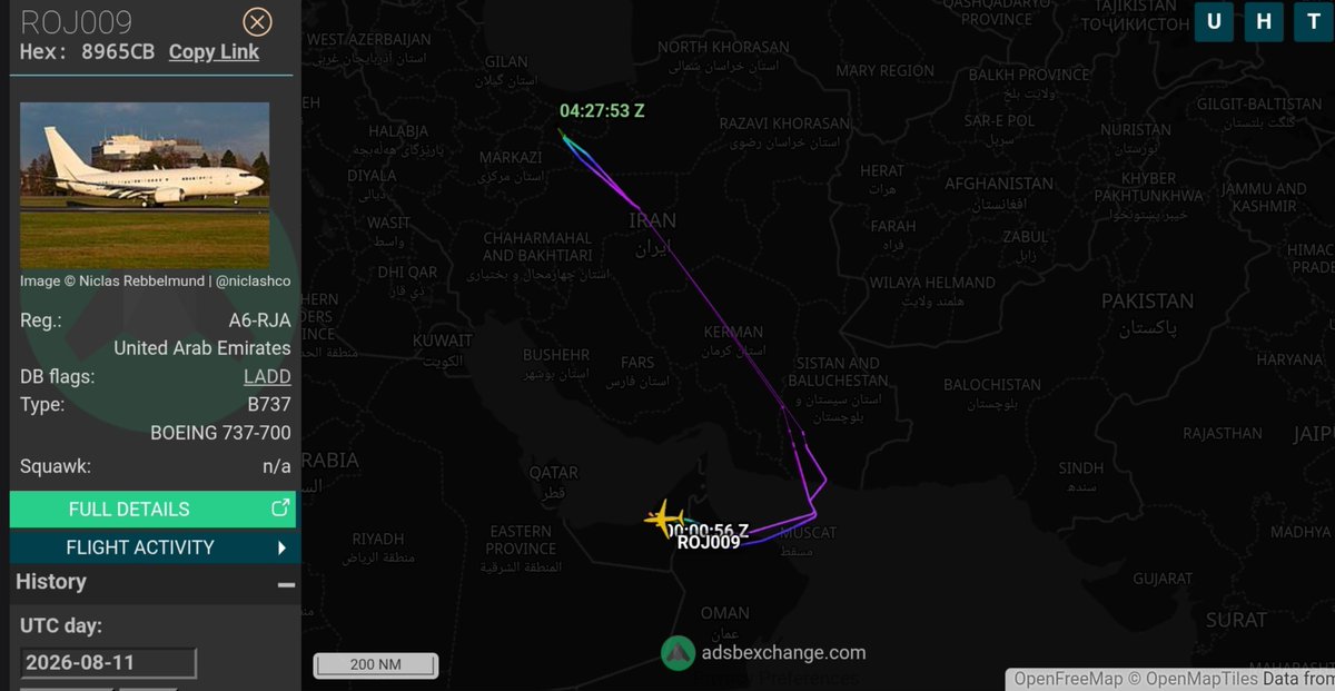 MenchOsint's tweet photo. UAE Royal Jet (A6-RJA) visited Tehran this morning, stayed 1 hour and left. https://t.co/pVO263L1lC