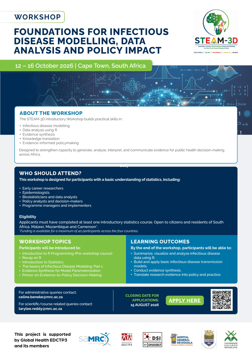 EDCTP3's tweet photo. 📢 Last days to apply for the STEAM-3D Introductory Workshop

Join this training on infectious disease modelling, data analysis and evidence-informed policymaking.

📅 12-16 October 2026 
📍 Cape Town

Supported by @EDCTP3

🔗 Apply by 15 August: https://t.co/fj9o2fBuVp https://t.co/Q7iptuIR3N