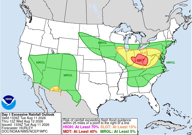NWSWPC's tweet photo. A MODERATE risk is in effect in our Day 1 Excessive Rainfall Outlook. More details: https://t.co/cfgBoWyKla https://t.co/nJ3RFRmerA