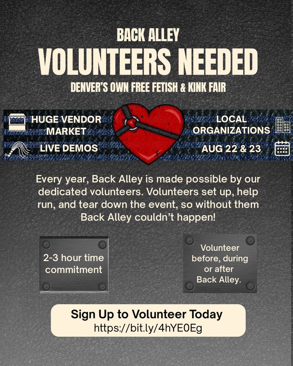 iceheart1000's tweet photo. The Back Alley Denver fetish and kink fair at Trade needs volunteers!!! If you’re interested in volunteering to help one of Denver’s biggest kink events later this month sign up here! 

https://t.co/vih4uJXh2H https://t.co/kO6Ahw027K